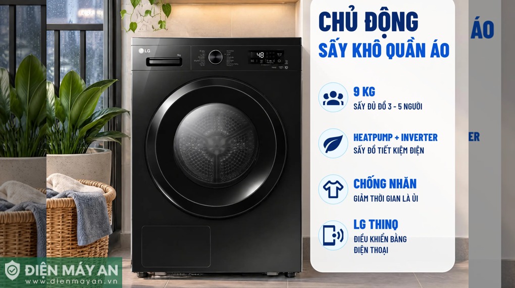 Máy sấy bơm nhiệt LG 9 Kg RB09NHP5O
